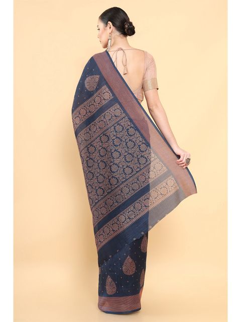 Night Blue Color Party Wear Linen Saree , With Blouse Piece