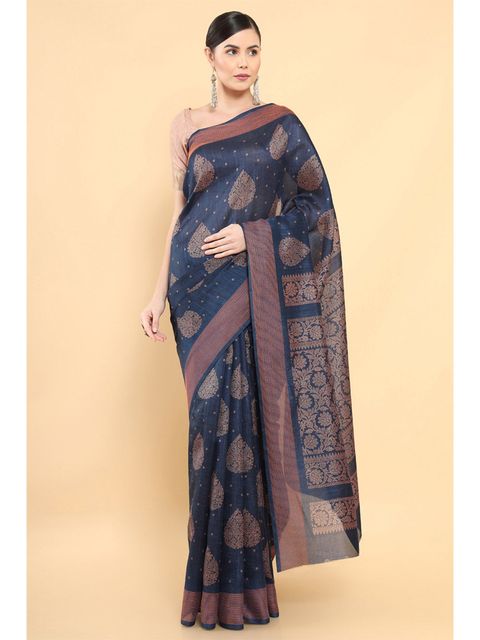 Night Blue Color Party Wear Linen Saree , With Blouse Piece