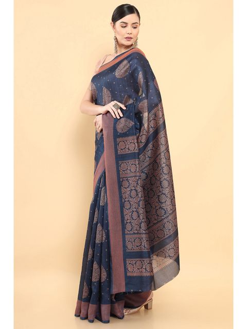 Night Blue Color Party Wear Linen Saree , With Blouse Piece