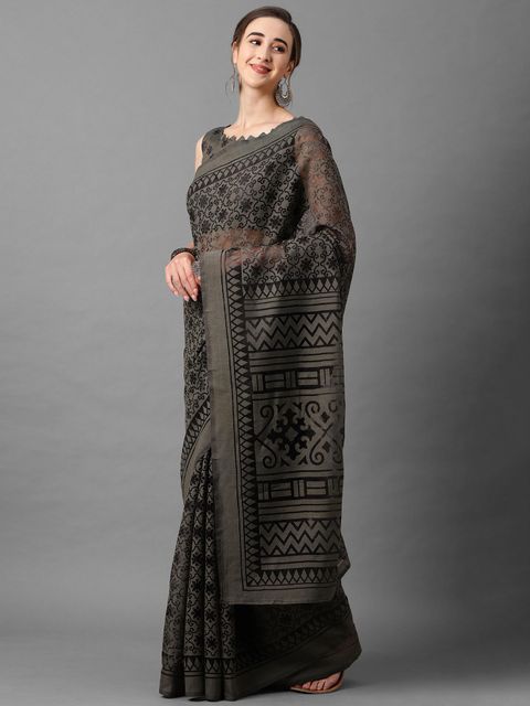 Dark Grey Color Party Wear Linen Saree , With Blouse Piece