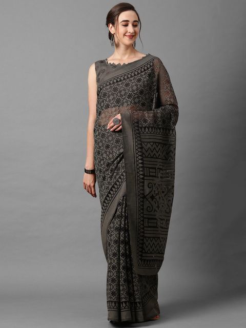 Dark Grey Color Party Wear Linen Saree , With Blouse Piece