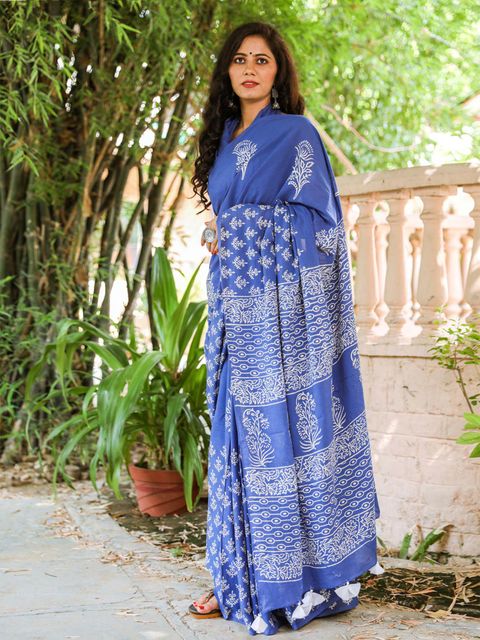 Blue Color Printed Linen Saree With blouse  Piece