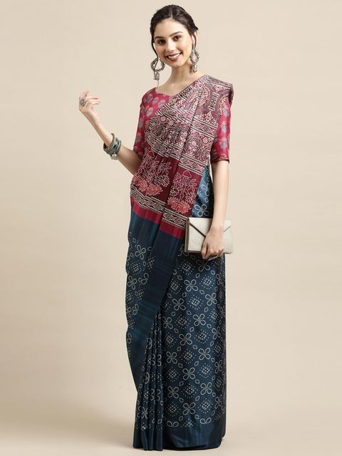 Night Blue And Maroon Color Printed Linen Saree With Blouse  Piece