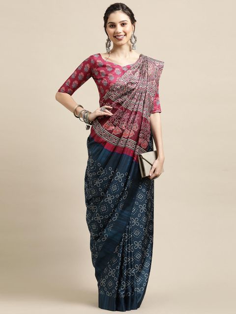 Night Blue And Maroon Color Printed Linen Saree With Blouse  Piece