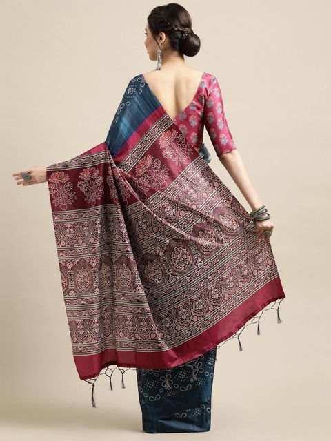 Night Blue And Maroon Color Printed Linen Saree With Blouse  Piece