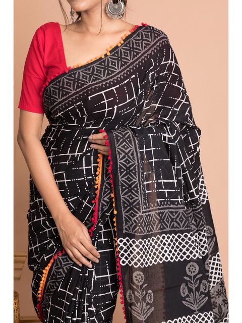 Black  Color Printed Linen Saree With  Blouse  Piece