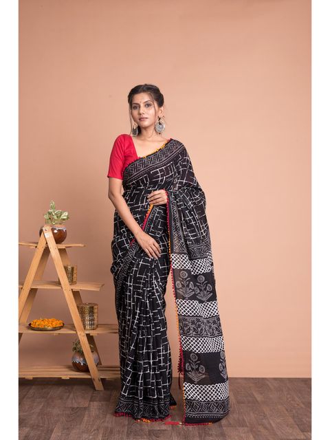 Black  Color Printed Linen Saree With  Blouse  Piece