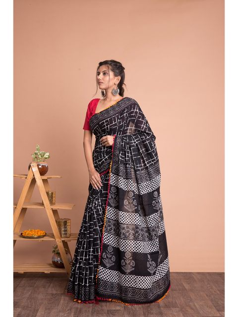 Black  Color Printed Linen Saree With  Blouse  Piece