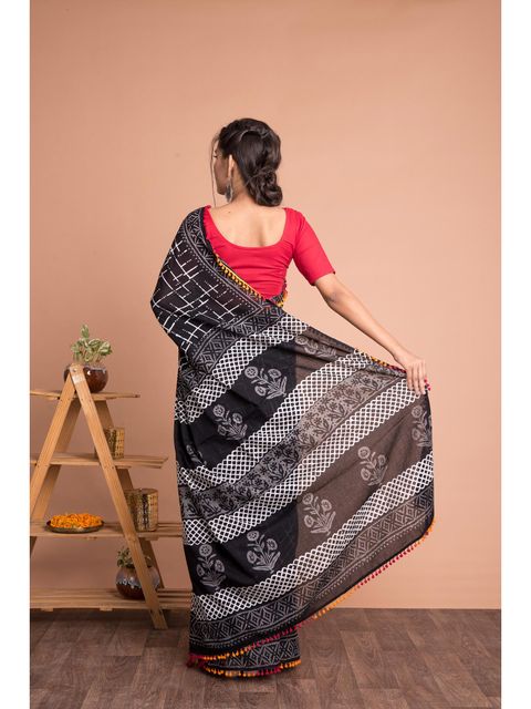 Black  Color Printed Linen Saree With  Blouse  Piece