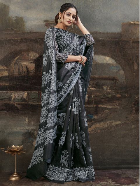 Blcak Color Printed Linen Saree With Blouse  Piece