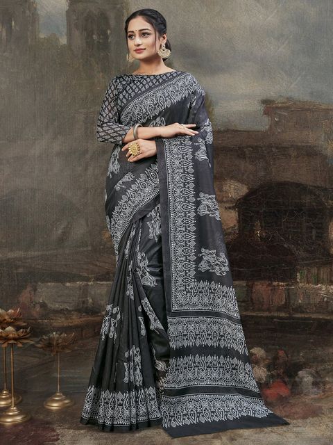 Blcak Color Printed Linen Saree With Blouse  Piece