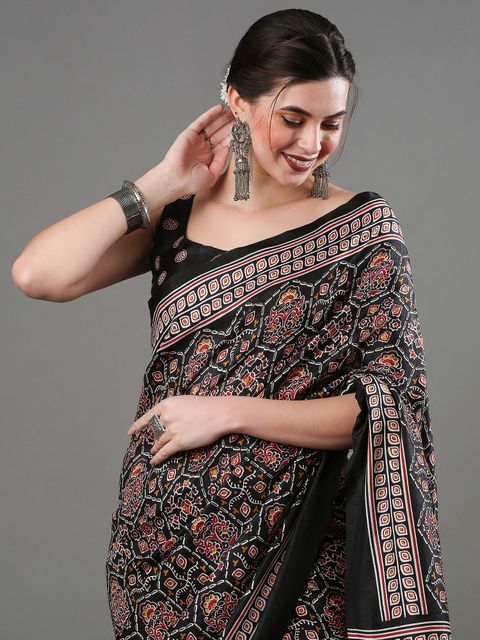 Blcak Color Printed Linen Saree With Blouse Piece