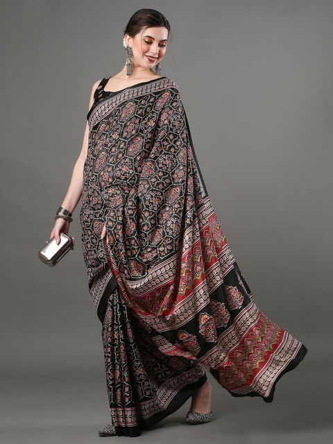 Blcak Color Printed Linen Saree With Blouse Piece