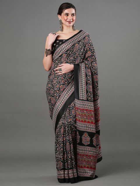 Blcak Color Printed Linen Saree With Blouse Piece