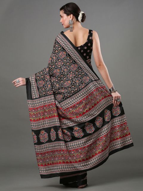 Blcak Color Printed Linen Saree With Blouse Piece