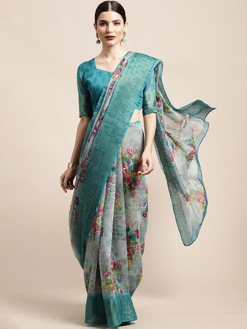 Rama Color Printed Linen Saree With Blouse  Piece