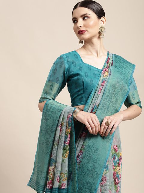 Rama Color Printed Linen Saree With Blouse  Piece