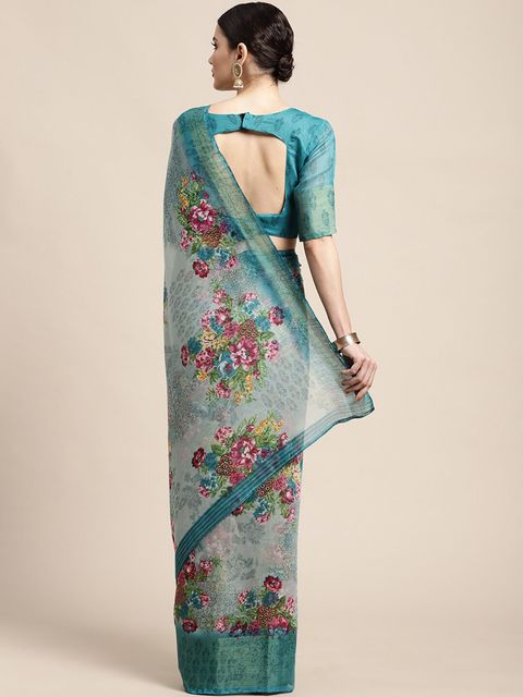 Rama Color Printed Linen Saree With Blouse  Piece