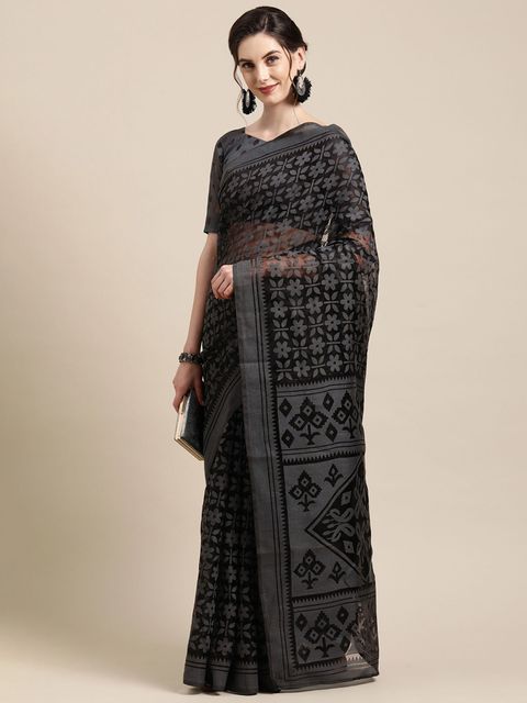 Black Color Printed Linen Saree With Blouse  Piece