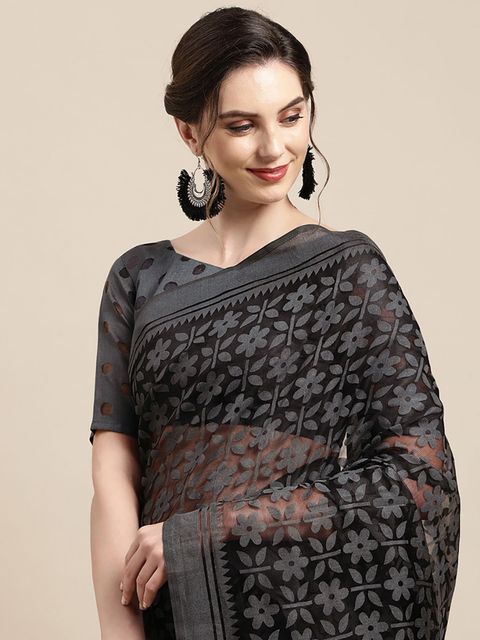 Black Color Printed Linen Saree With Blouse  Piece