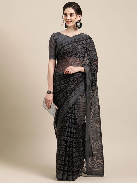 Black Color Printed Linen Saree With Blouse  Piece