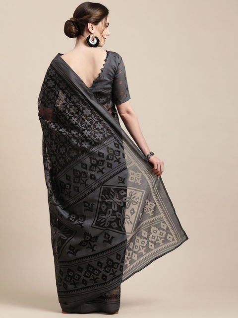 Black Color Printed Linen Saree With Blouse  Piece