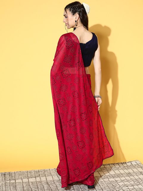 Red Color Printed Linen Saree With Blouse Piece