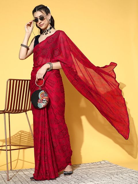 Red Color Printed Linen Saree With Blouse Piece