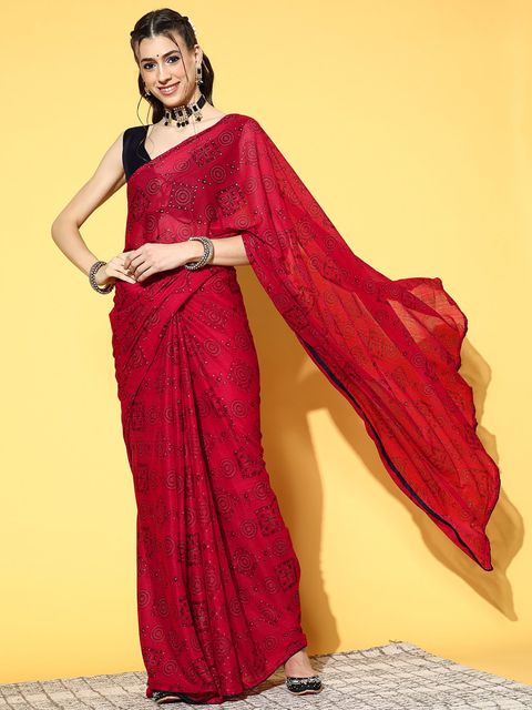 Red Color Printed Linen Saree With Blouse Piece