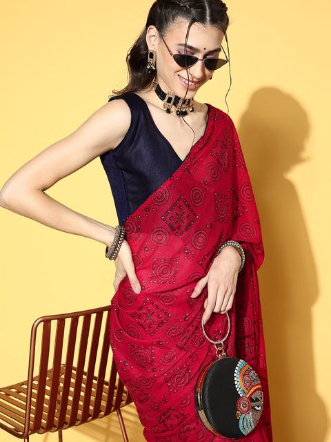 Red Color Printed Linen Saree With Blouse Piece