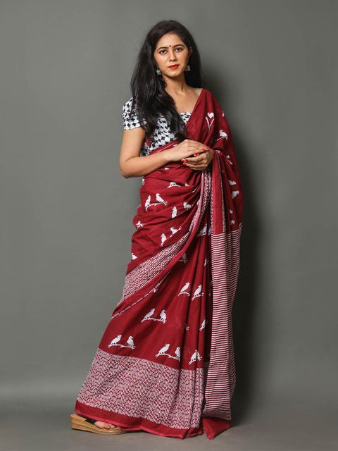 Red Colored Casual Wear Printed Linen Saree , With Blouse Piece