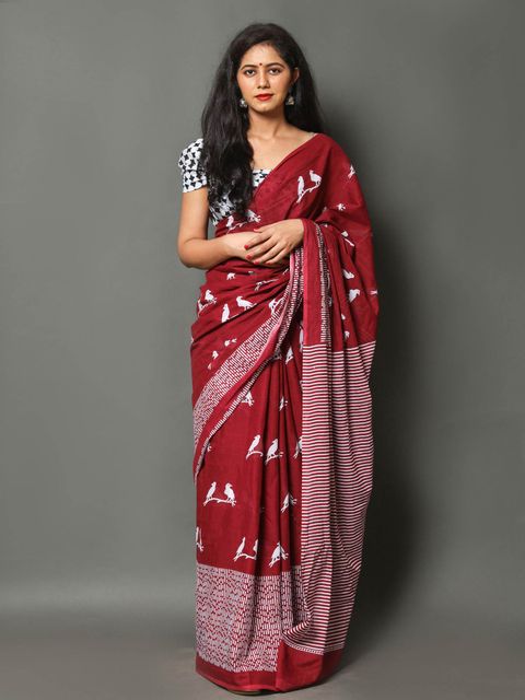 Red Colored Casual Wear Printed Linen Saree , With Blouse Piece