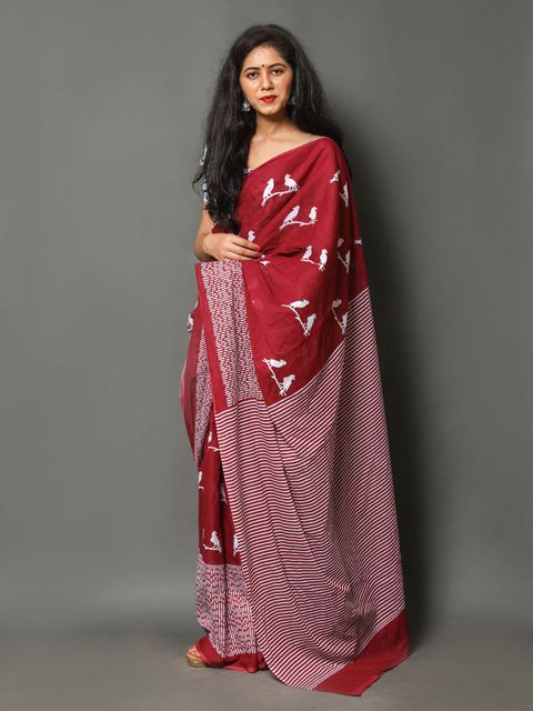 Red Colored Casual Wear Printed Linen Saree , With Blouse Piece