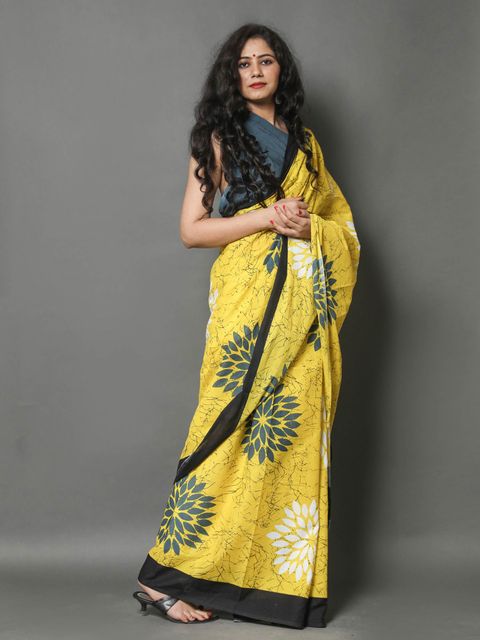 Yellow Colored Casual Wear Printed Linen Saree , With Blouse Piece