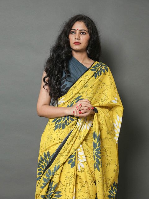 Yellow Colored Casual Wear Printed Linen Saree , With Blouse Piece