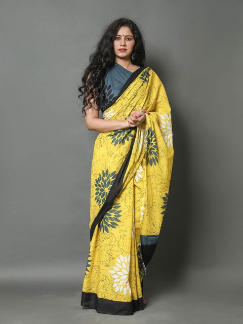 Yellow Colored Casual Wear Printed Linen Saree , With Blouse Piece