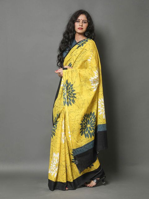 Yellow Colored Casual Wear Printed Linen Saree , With Blouse Piece