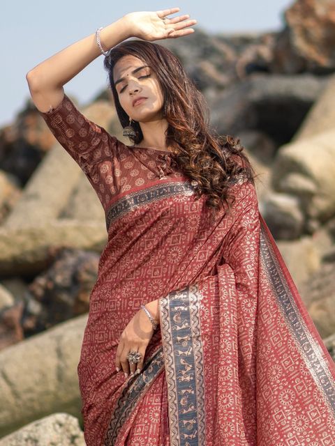 Maroon Colored Casual Wear Printed Linen Saree , With Blouse Piece