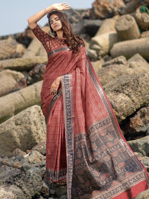 Maroon Colored Casual Wear Printed Linen Saree , With Blouse Piece