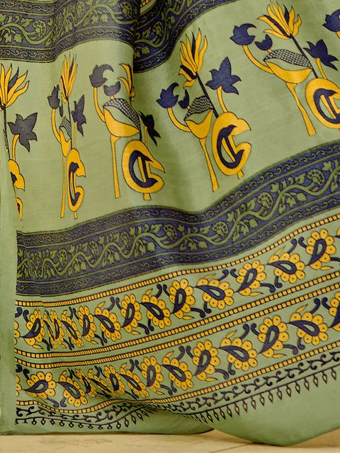 Green Colored Casual Wear Printed Linen Saree , With Blouse Piece