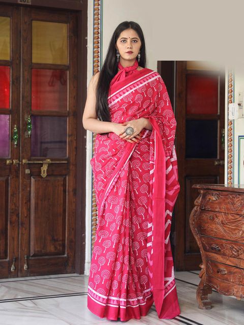 Pink Colored Casual Wear Printed Linen Saree , With Blouse Piece