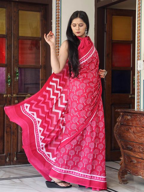 Pink Colored Casual Wear Printed Linen Saree , With Blouse Piece