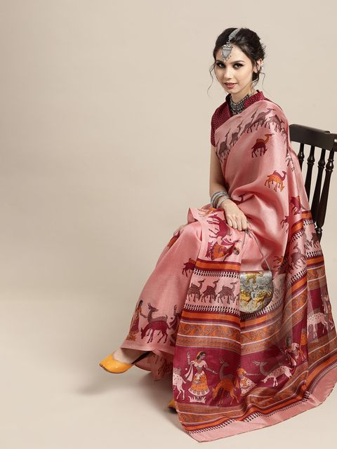 Baby Pink Colored Casual Wear Printed Linen Saree , With Blouse Piece