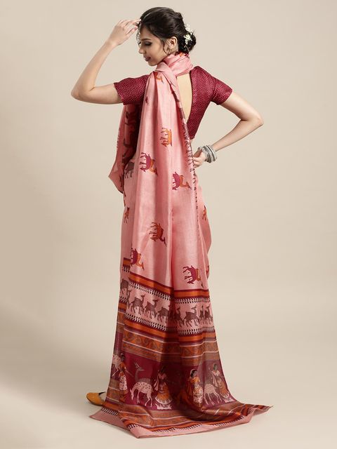 Baby Pink Colored Casual Wear Printed Linen Saree , With Blouse Piece