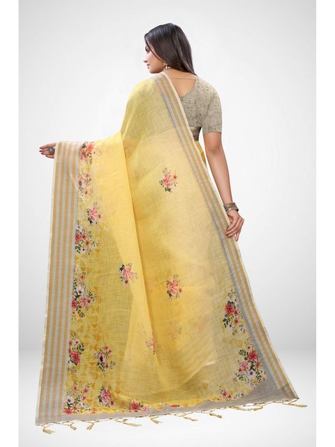 Yellow Colored Casual Wear Printed Linen Saree , With Blouse Piece