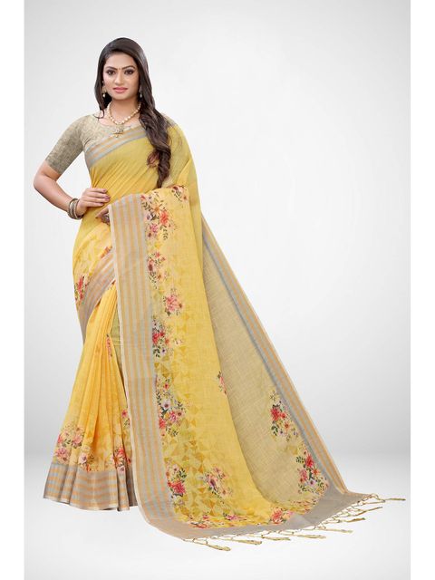 Yellow Colored Casual Wear Printed Linen Saree , With Blouse Piece