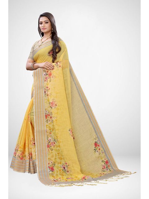 Yellow Colored Casual Wear Printed Linen Saree , With Blouse Piece