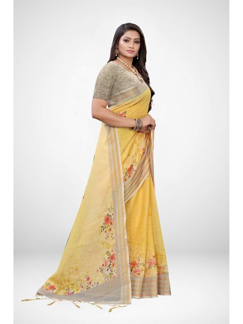 Yellow Colored Casual Wear Printed Linen Saree , With Blouse Piece