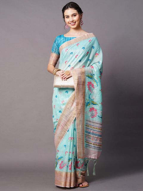 Light Blue Color Wedding Wear Linen Saree, With Blouse Piece