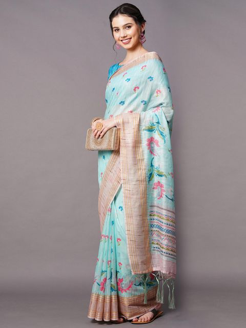 Light Blue Color Wedding Wear Linen Saree, With Blouse Piece